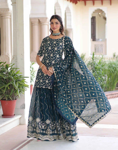 Dark Teal Georgette Embroidery Sharara Suit