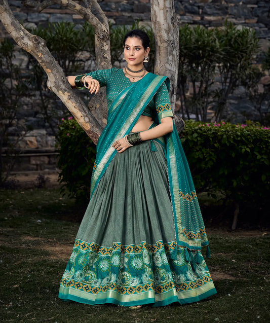 Sea Green Tussar Silk Floral Printed Lehenga Choli