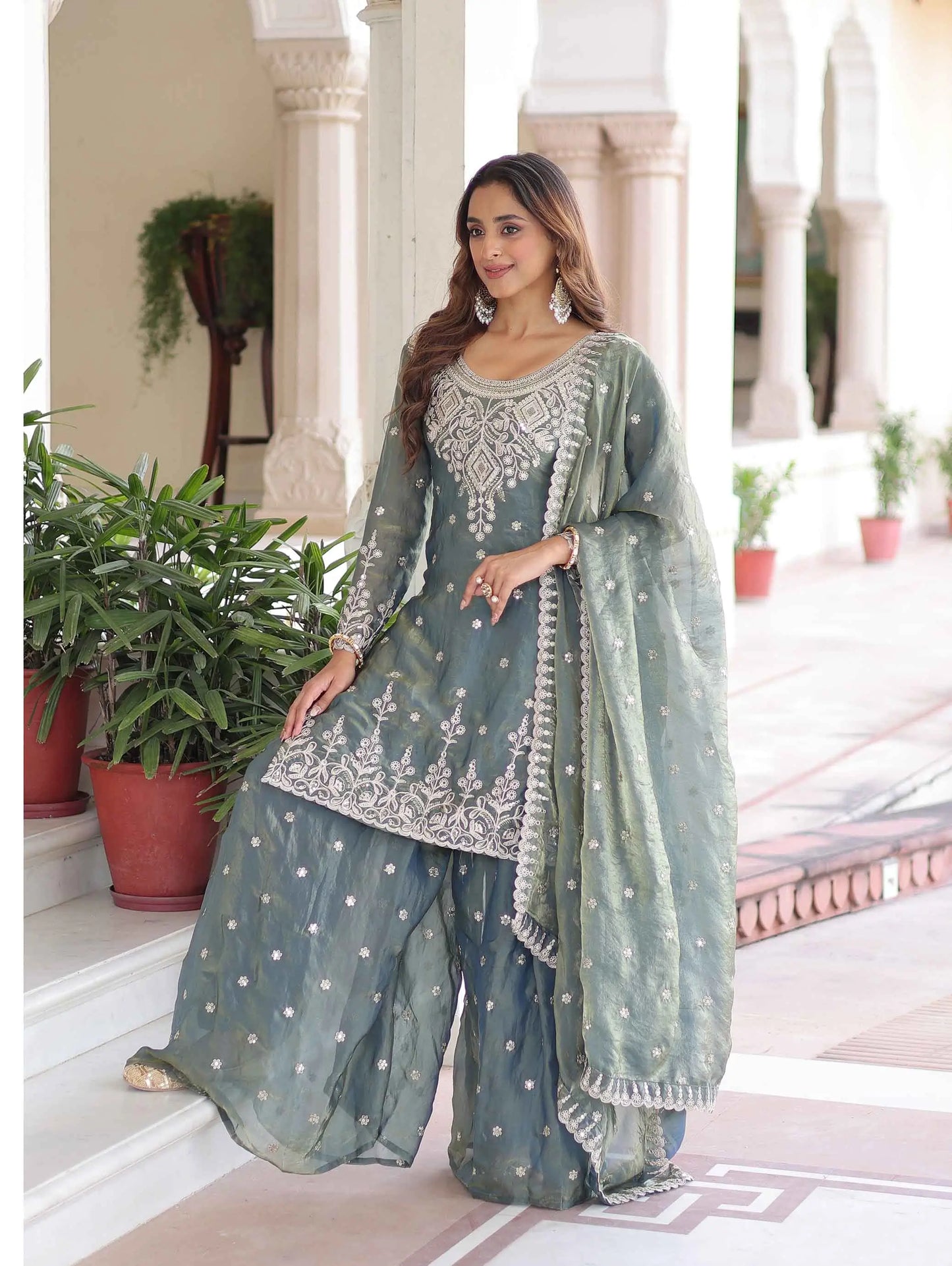 Mist Blue Fendi Silk Embroidery Work Sharara Suit