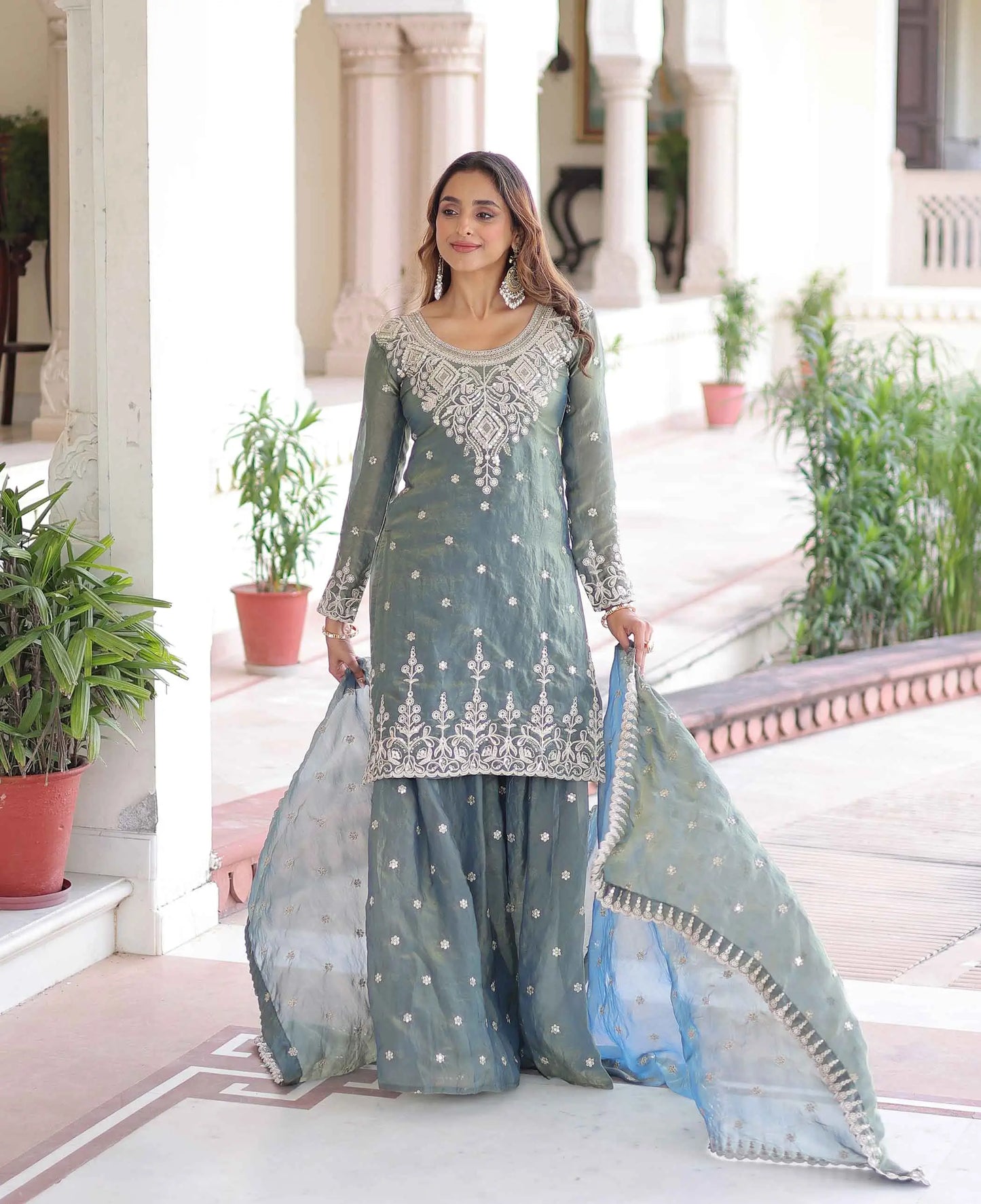 Mist Blue Fendi Silk Embroidery Work Sharara Suit