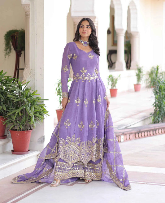Lavender Sequins Embroidery Work Gown & Palazzo