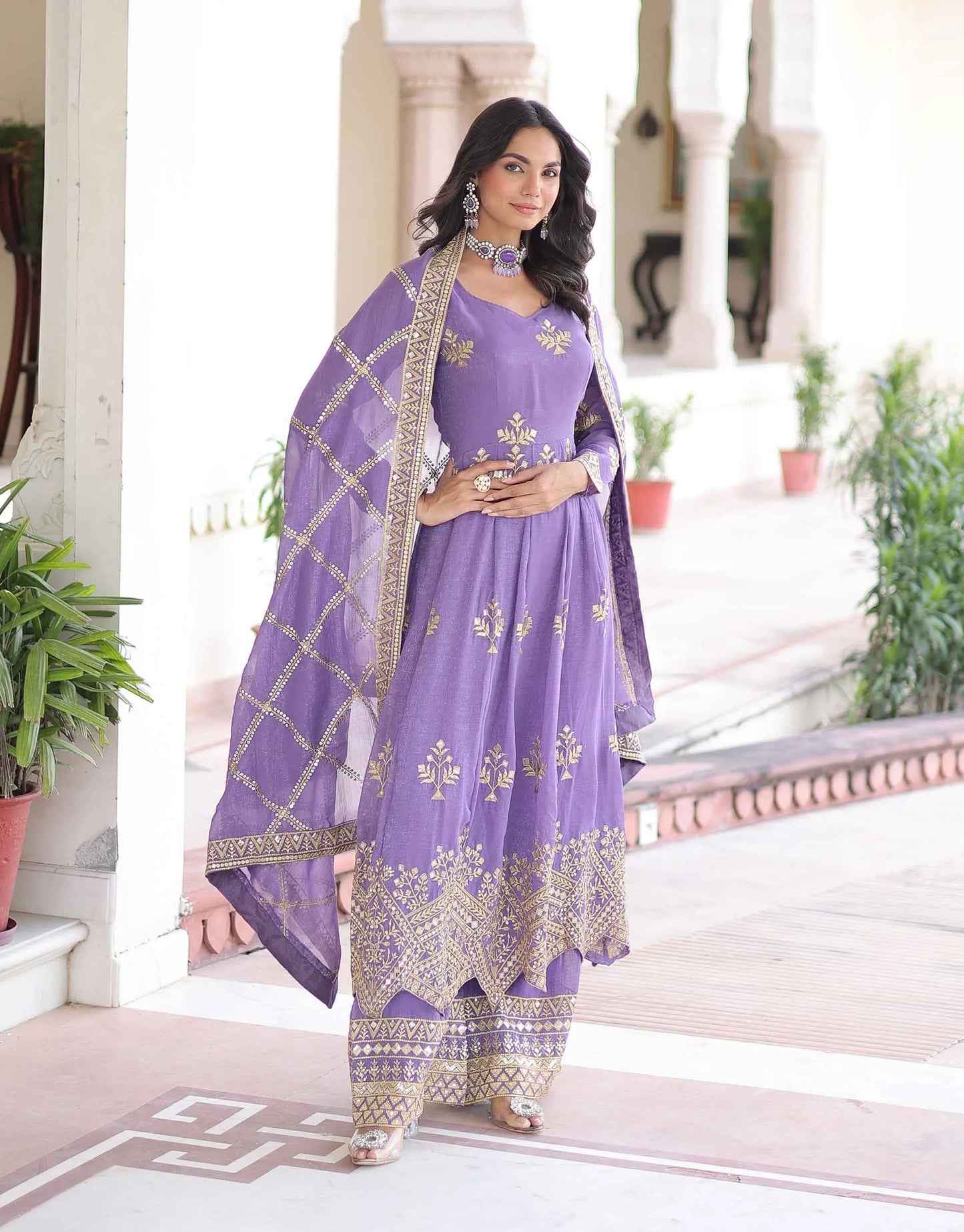 Lavender Sequins Embroidery Work Gown & Palazzo