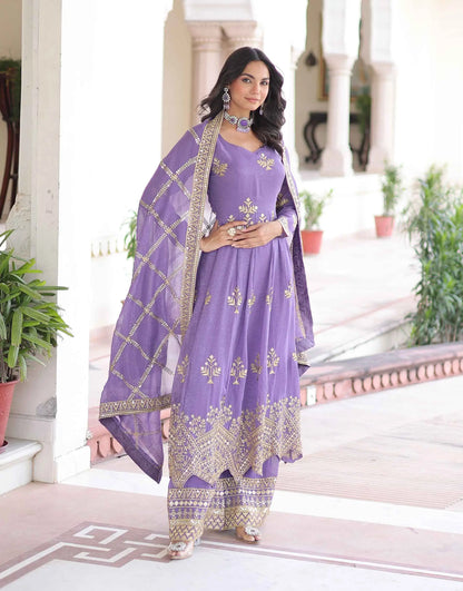 Lavender Sequins Embroidery Work Gown & Palazzo