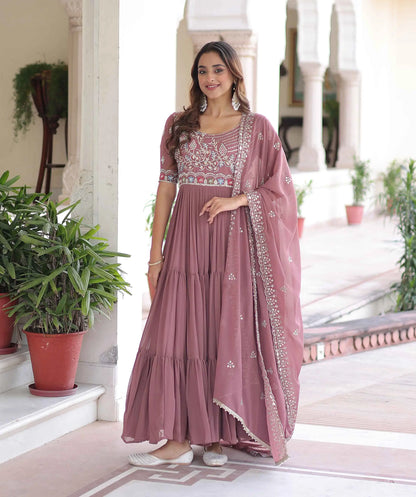 Dark Mauve Beads Embroidery Work Gown
