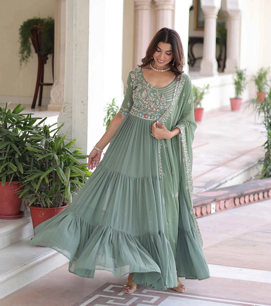 Sage Green Beads Embroidery Work Gown