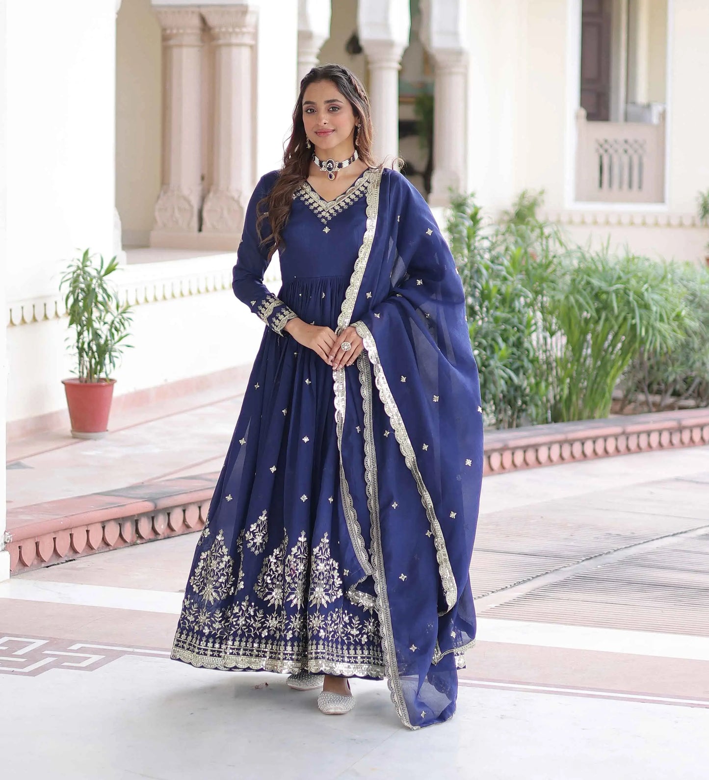 Blue Silk Gown With Embroidery Work