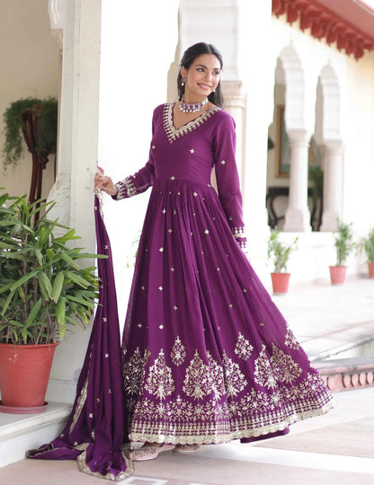 Dark Raspberry Embroidery Work Gown