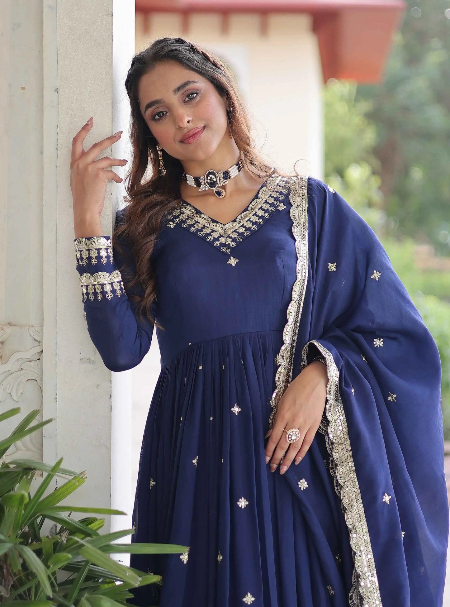 Blue Silk Gown With Embroidery Work