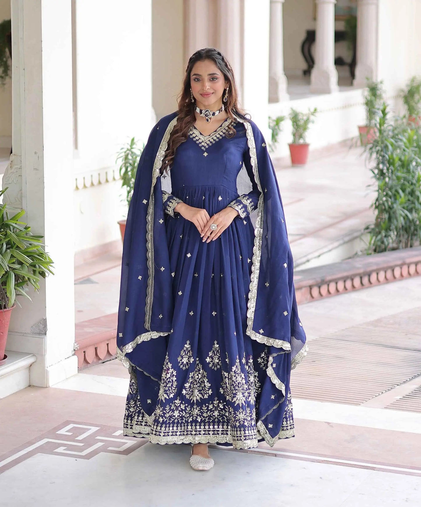 Blue Silk Gown With Embroidery Work