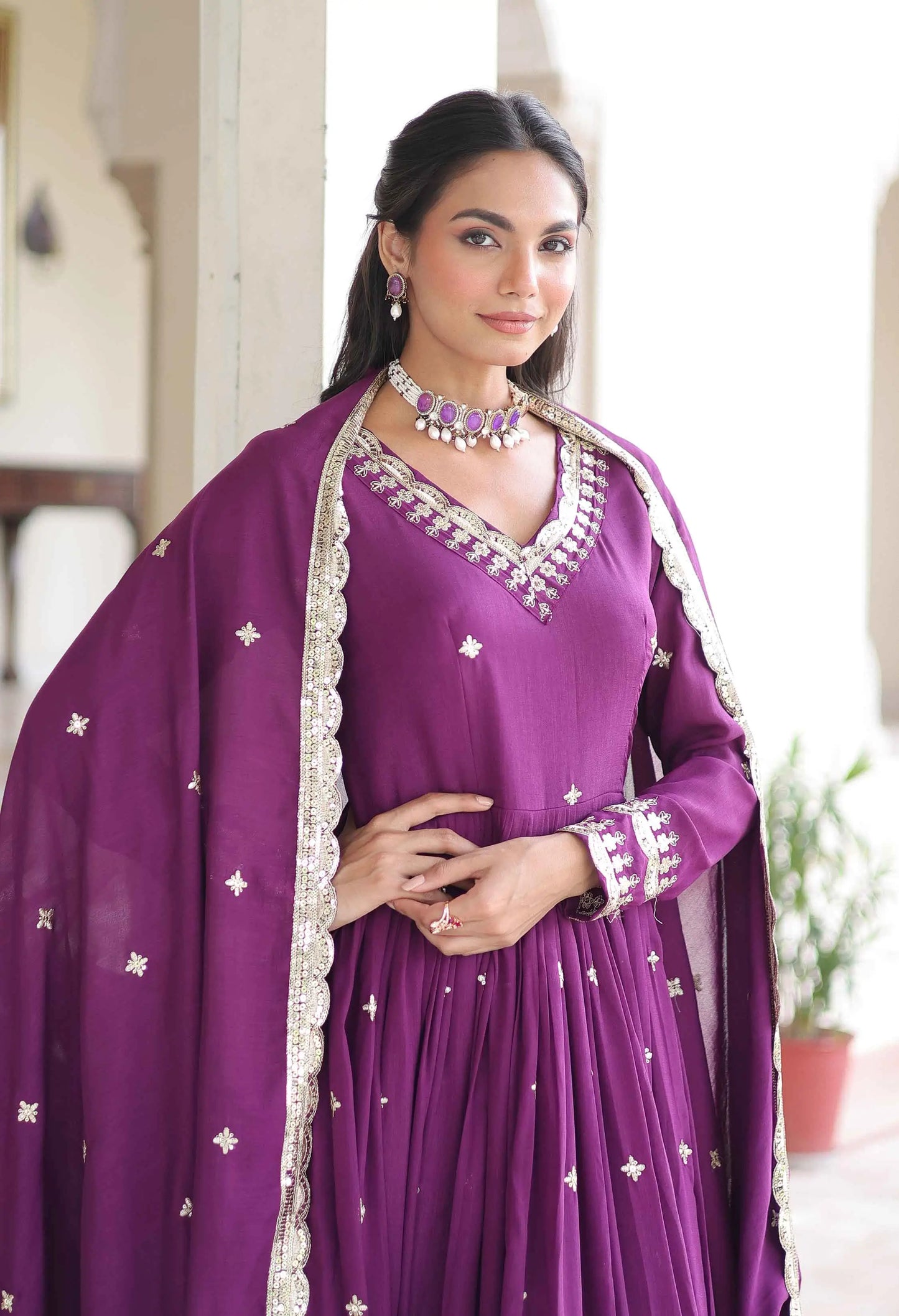 Dark Raspberry Embroidery Work Gown