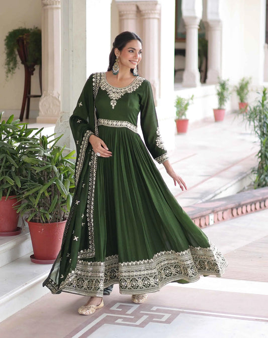 Dark Green Silk Gown With Embroidery Work