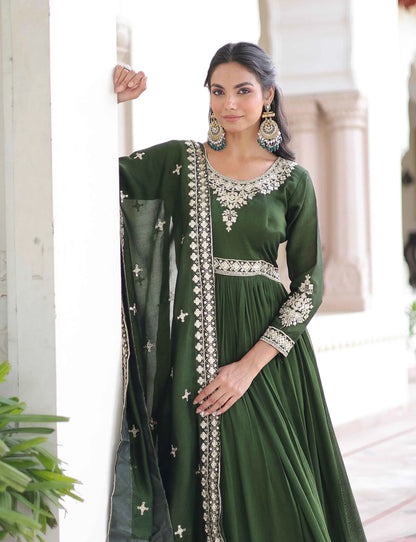 Dark Green Silk Gown With Embroidery Work