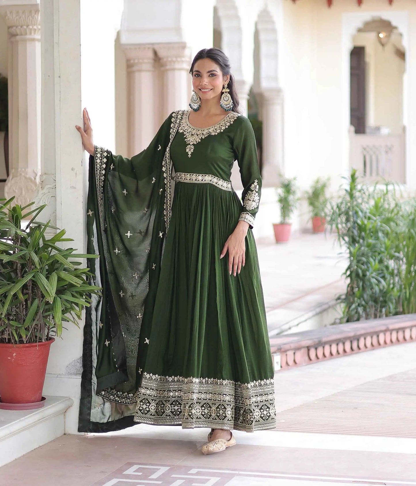 Dark Green Silk Gown With Embroidery Work