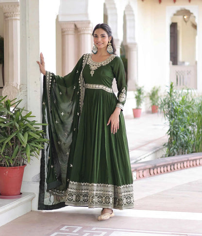 Dark Green Silk Gown With Embroidery Work