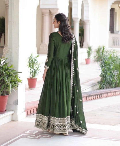 Dark Green Silk Gown With Embroidery Work