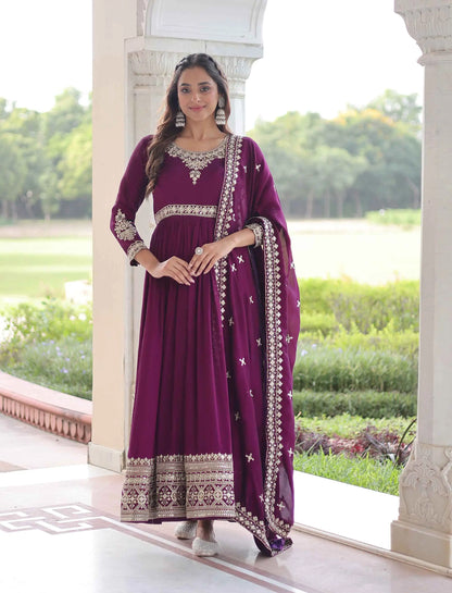 Magenta Sequins Embroidery Work Gown