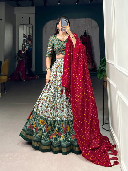 Green Floral Printed Tussar silk Lehenga choli