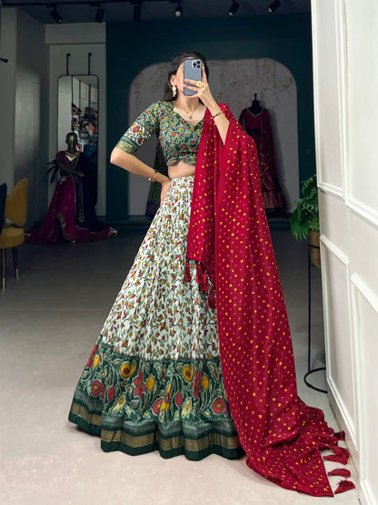 Green Floral Printed Tussar silk Lehenga choli