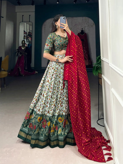 Green Floral Printed Tussar silk Lehenga choli