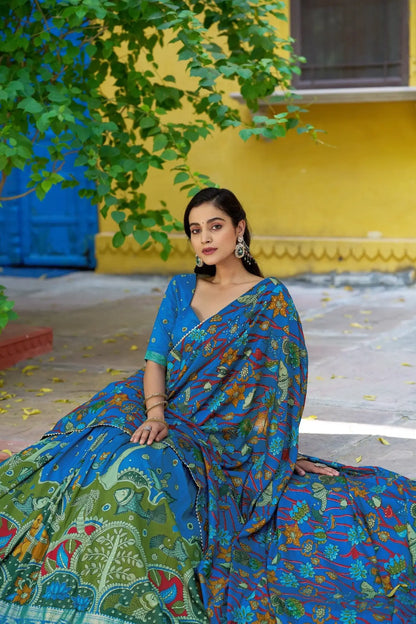 Venice Blue Tasar Silk Printed Lehenga Choli