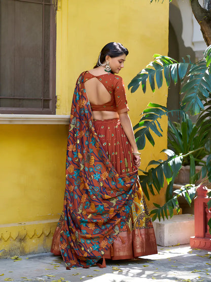 Rust Orange Tasar Silk Printed Lehenga Choli