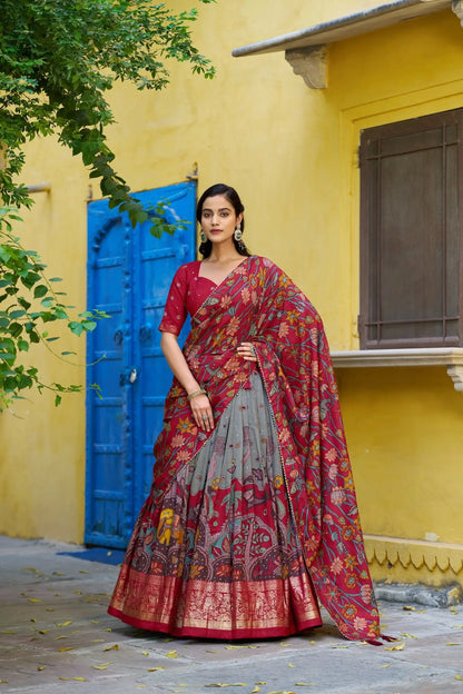 Sea Green Tasar Silk Printed Lehenga Choli