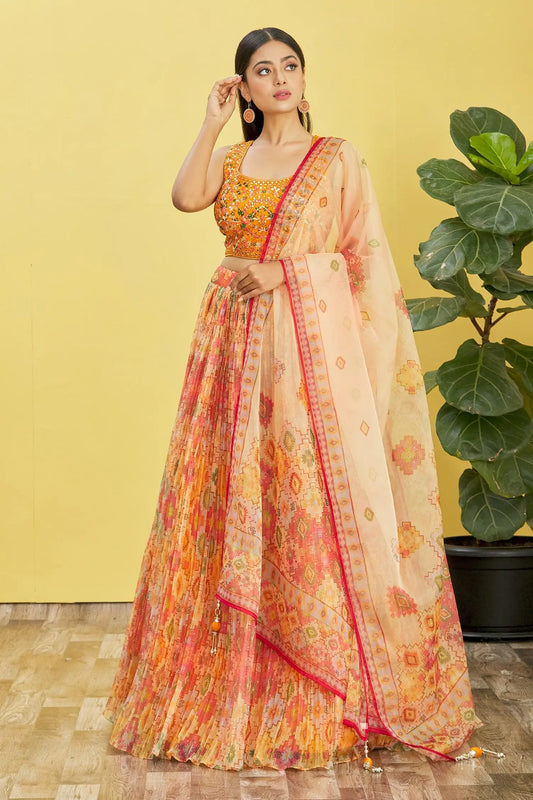 Yellow Lehenga With Digital Print And Sequins Embroidery With Real Mirror Work