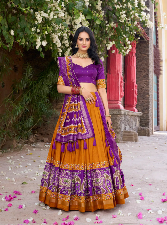 Mustard Tussar Silk Patola Print And Foil Work Lehenga Choli