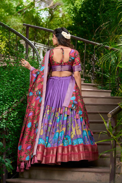 Lavender Dola Silk Lehenga Choli With Kalamkari Print And Zari Weaving Work