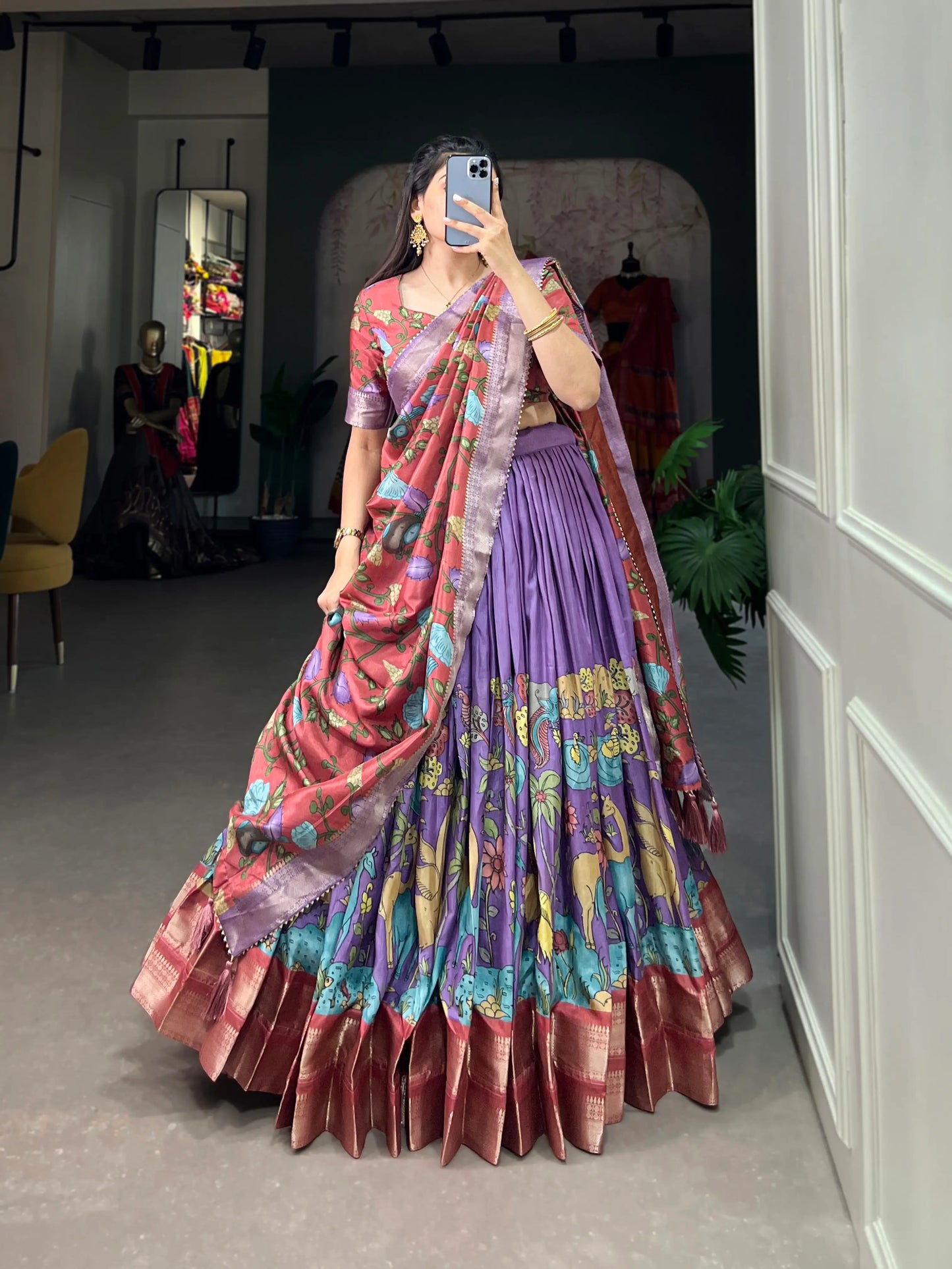 Lavender Dola Silk Lehenga Choli With Kalamkari Print And Zari Weaving Work