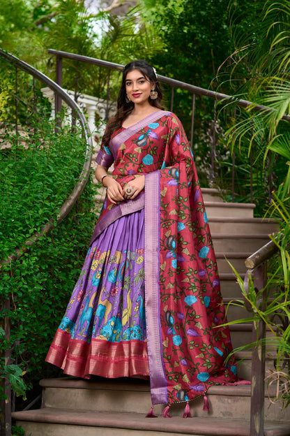 Lavender Dola Silk Lehenga Choli With Kalamkari Print And Zari Weaving Work