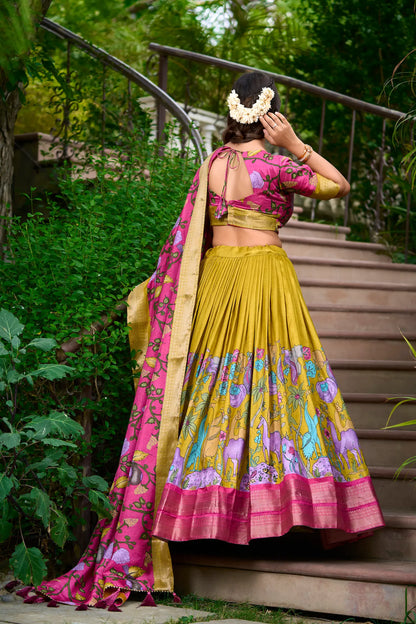 Mustard Dola Silk Lehenga Choli With Kalamkari Print And Zari Weaving Work