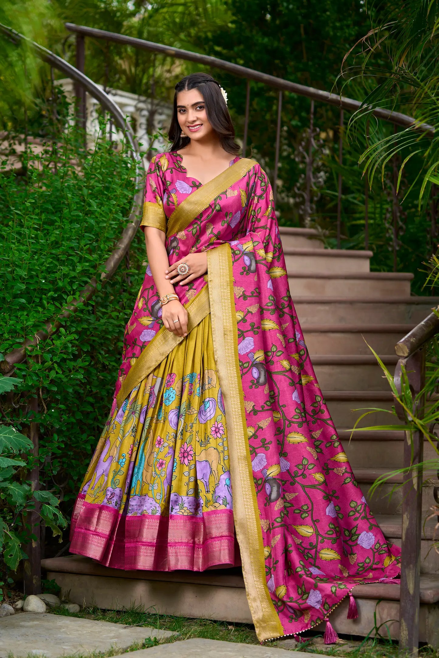 Mustard Dola Silk Lehenga Choli With Kalamkari Print And Zari Weaving Work