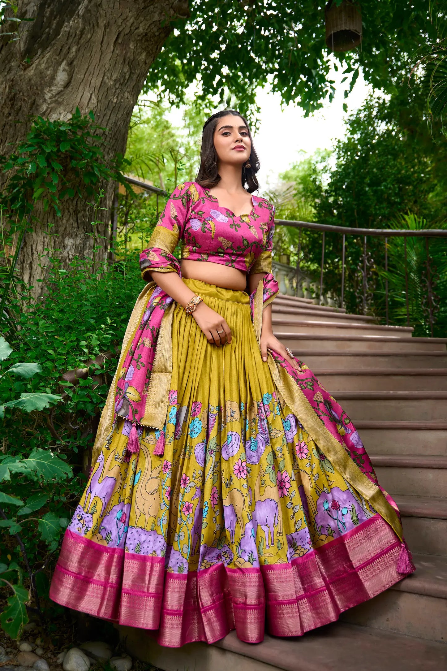 Mustard Dola Silk Lehenga Choli With Kalamkari Print And Zari Weaving Work