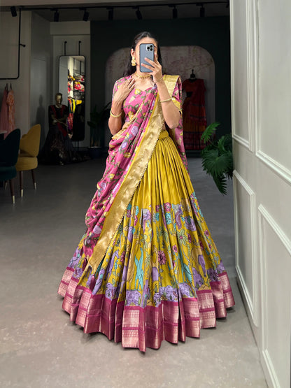 Mustard Dola Silk Lehenga Choli With Kalamkari Print And Zari Weaving Work