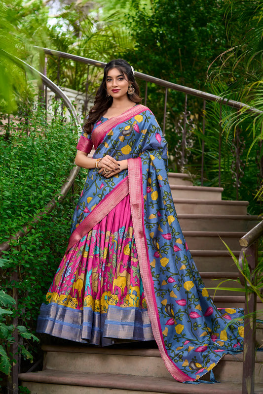 Pink Dola Silk Lehenga Choli With Kalamkari Print And Zari Weaving Work