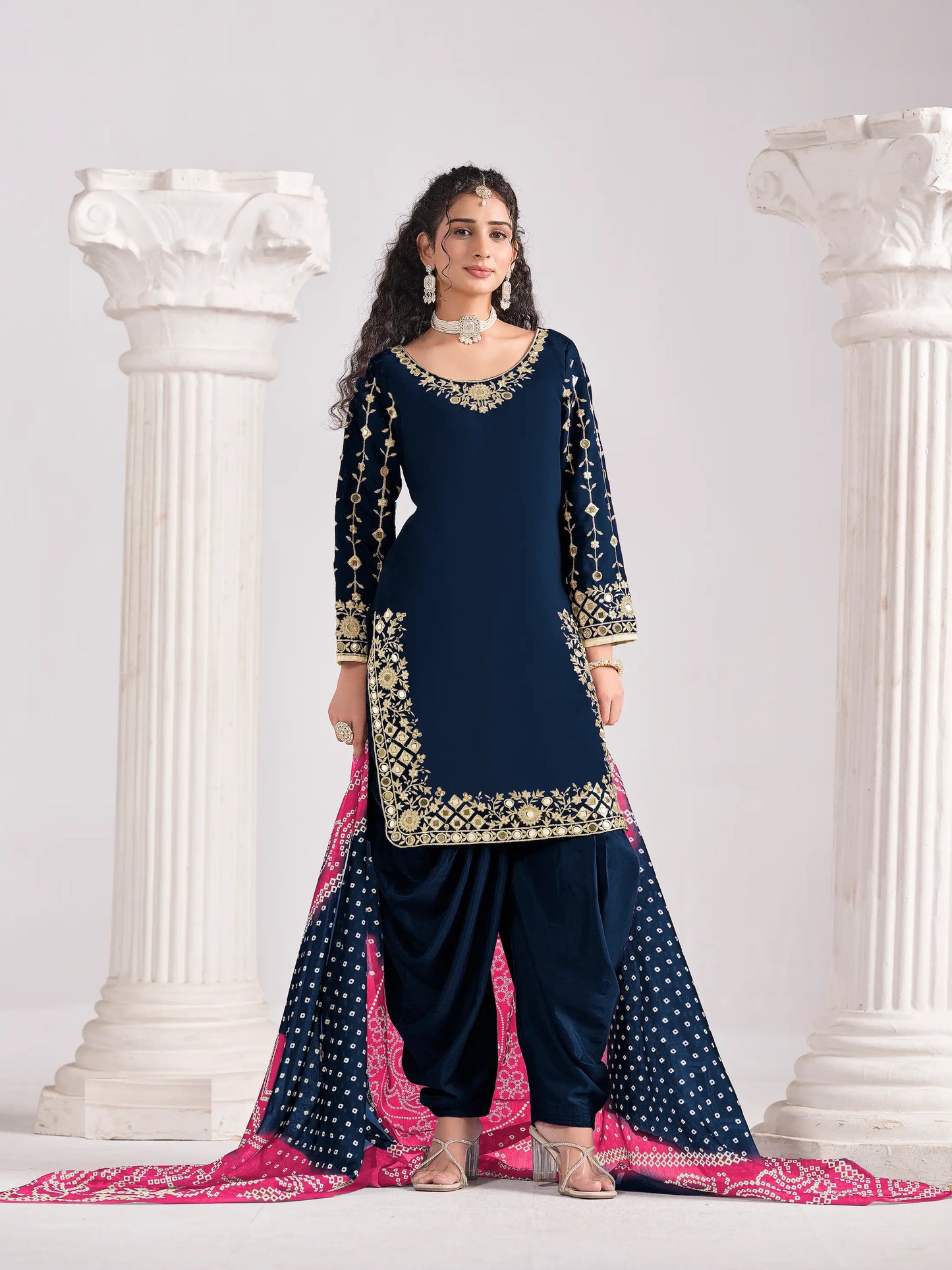 Navy Blue Silk Salwar Suit With Mirror Work & Embroidery