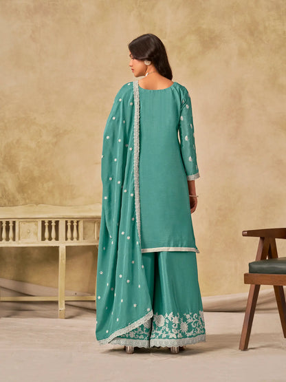 Sky Blue Chinon Embroidery Work Palazzo Suit