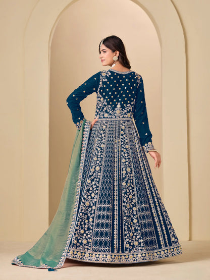 Teal Blue Velvet Heavy Embroidered Gown