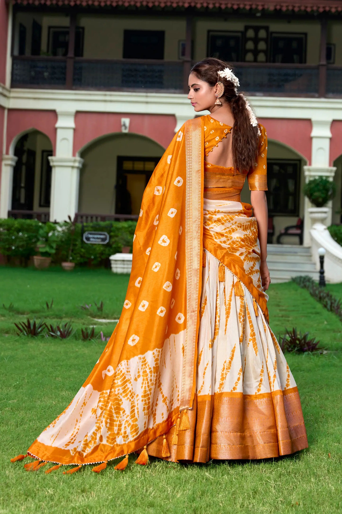 Mustard & Beige Dola Silk Lehenga Choli With Shibori Print & Zari Weaving Border