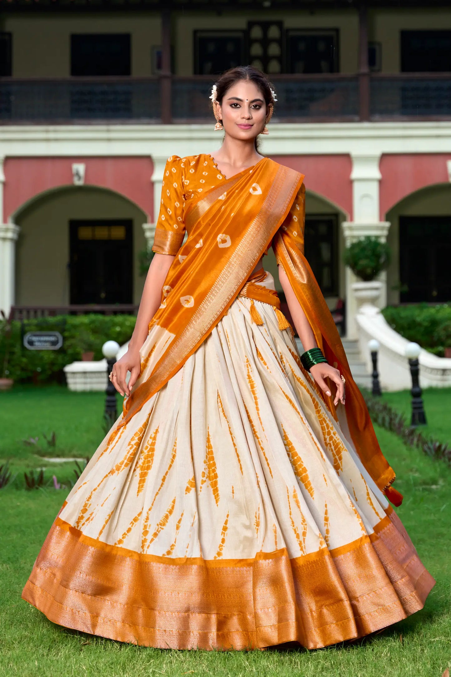 Mustard & Beige Dola Silk Lehenga Choli With Shibori Print & Zari Weaving Border