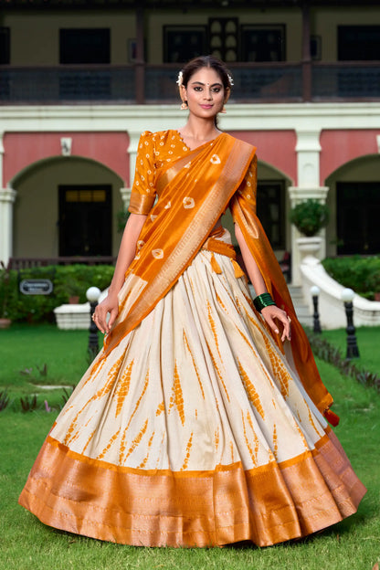 Mustard & Beige Dola Silk Lehenga Choli With Shibori Print & Zari Weaving Border