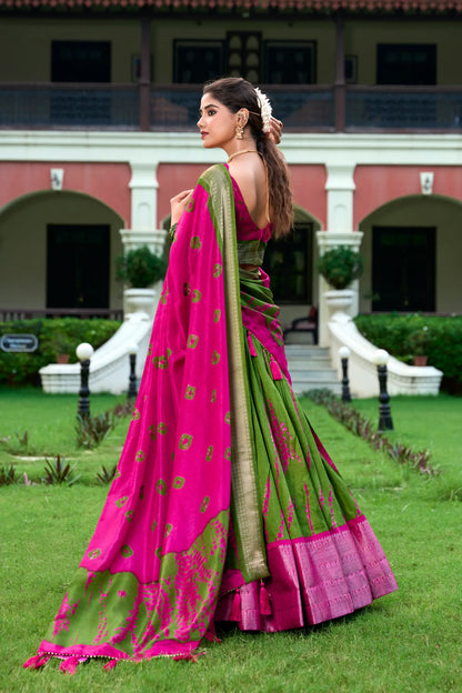 Pink & Green Dola Silk Lehenga Choli With Shibori Print & Zari Weaving Border