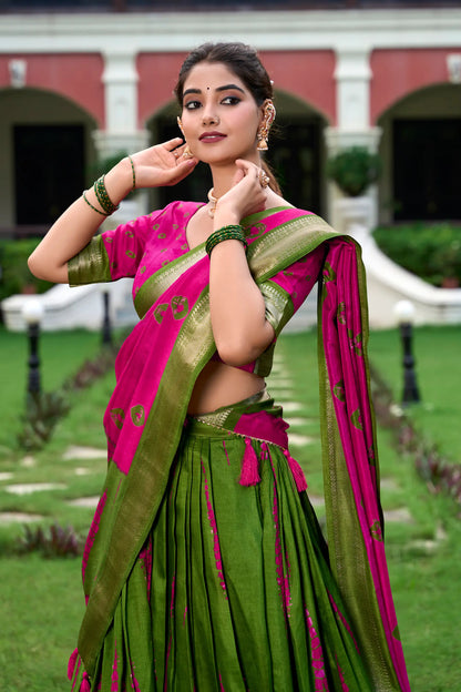 Pink & Green Dola Silk Lehenga Choli With Shibori Print & Zari Weaving Border