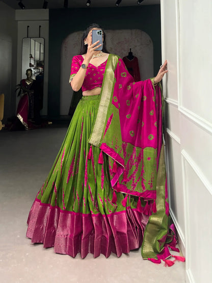 Pink & Green Dola Silk Lehenga Choli With Shibori Print & Zari Weaving Border