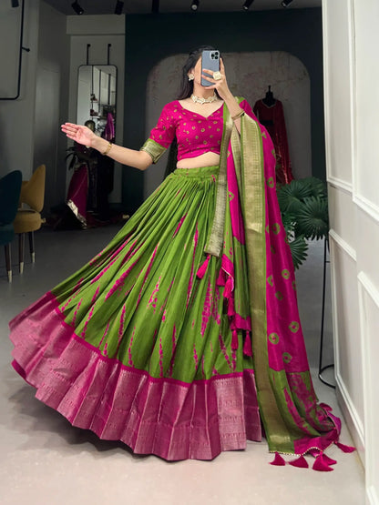 Pink & Green Dola Silk Lehenga Choli With Shibori Print & Zari Weaving Border