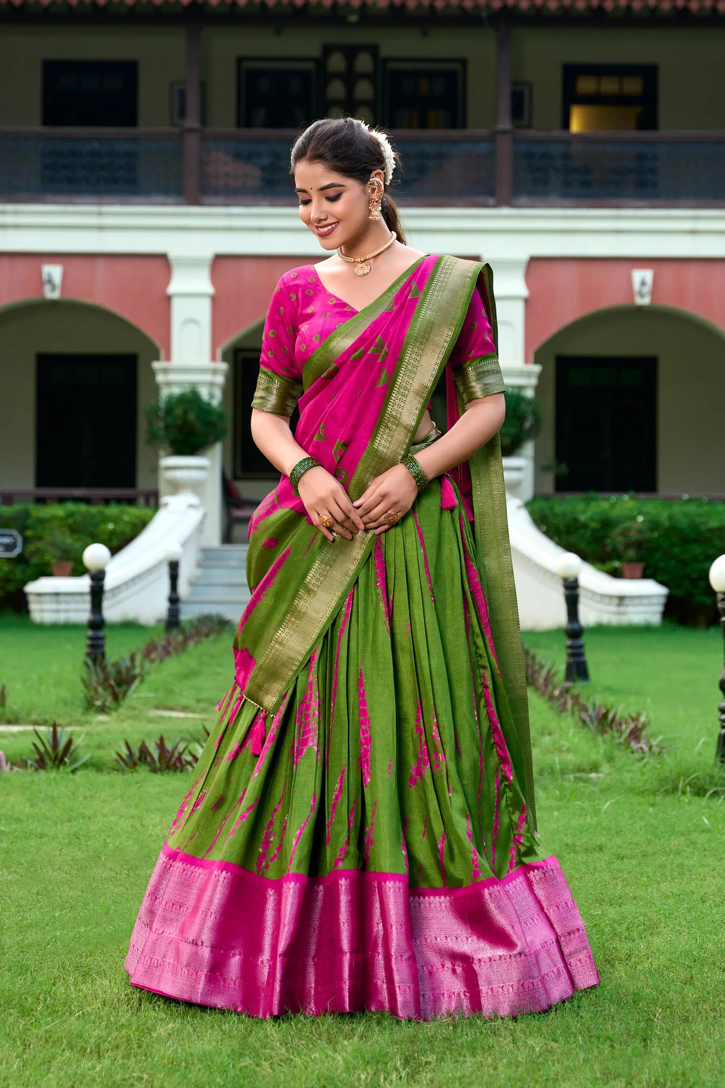 Pink & Green Dola Silk Lehenga Choli With Shibori Print & Zari Weaving Border