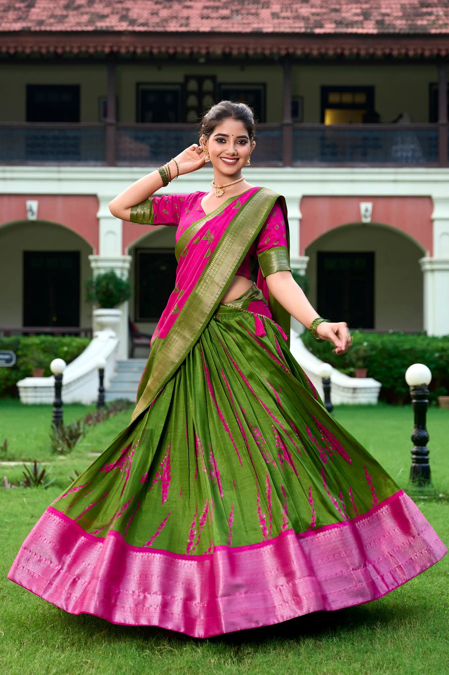 Pink & Green Dola Silk Lehenga Choli With Shibori Print & Zari Weaving Border