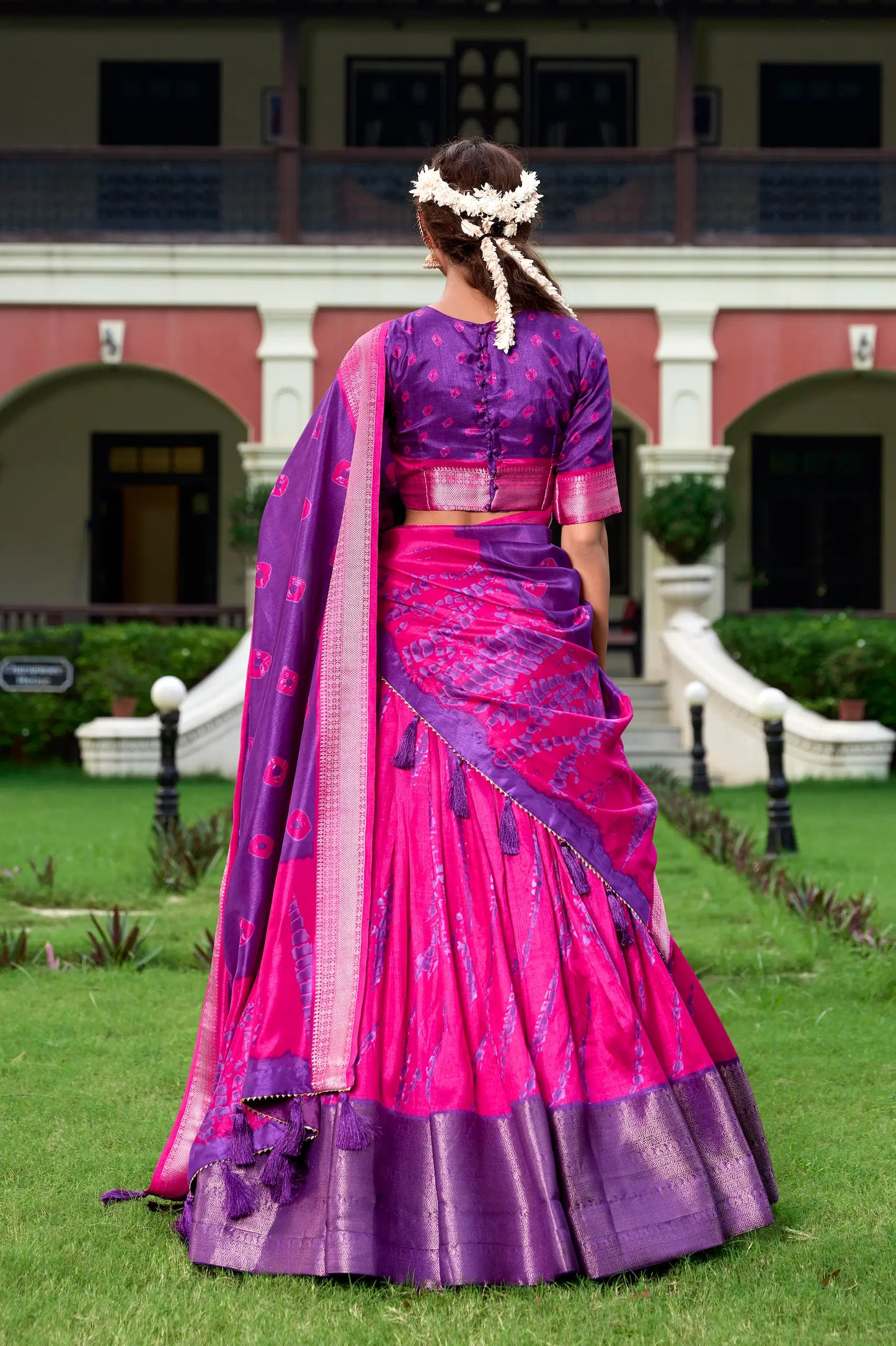 Purple & Pink Dola Silk Lehenga Choli With Shibori Print & Zari Weaving Border