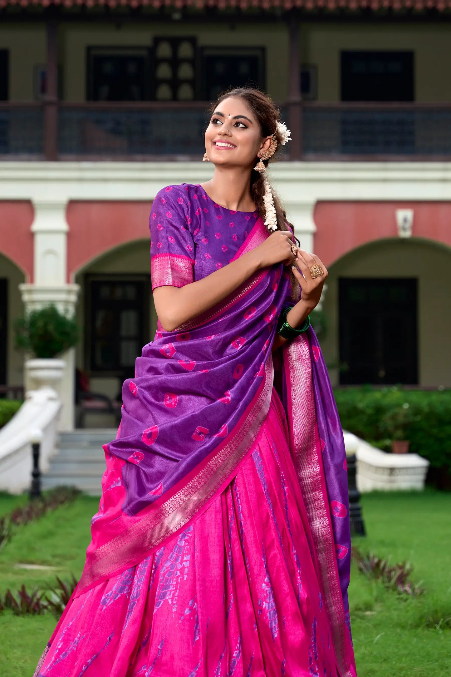 Purple & Pink Dola Silk Lehenga Choli With Shibori Print & Zari Weaving Border